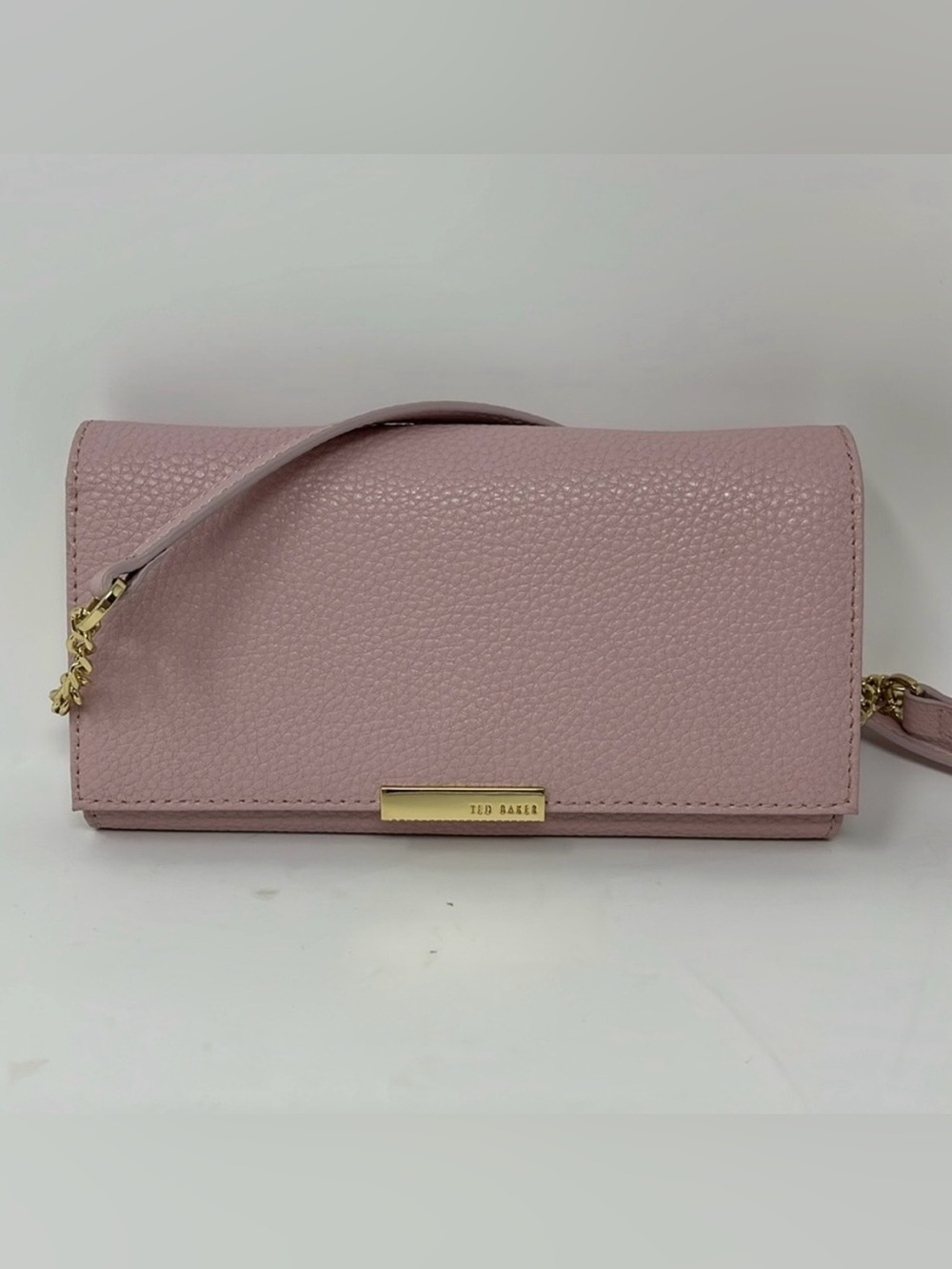 TED BAKER Shazder Pebbled Pink Leather Wallet Clutch Gold Chain Crossbody